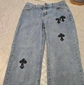 Stylish Blue Wide Leg Jeans with Black Cross Patches Goth Boho Whimsygoth Y2K